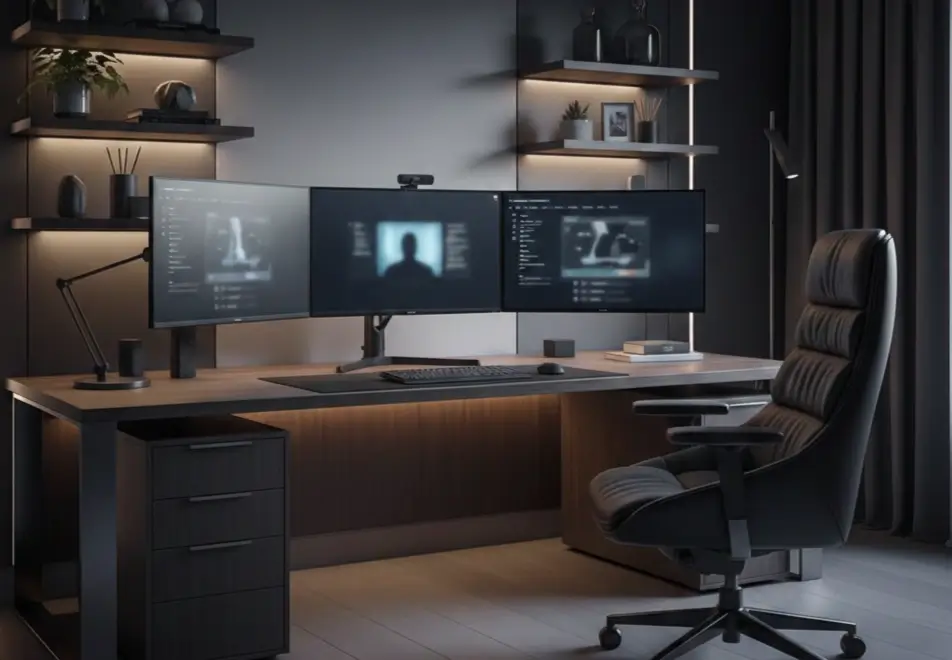 Configuración profesional de trabajo con múltiples monitores mostrando datos deportivos