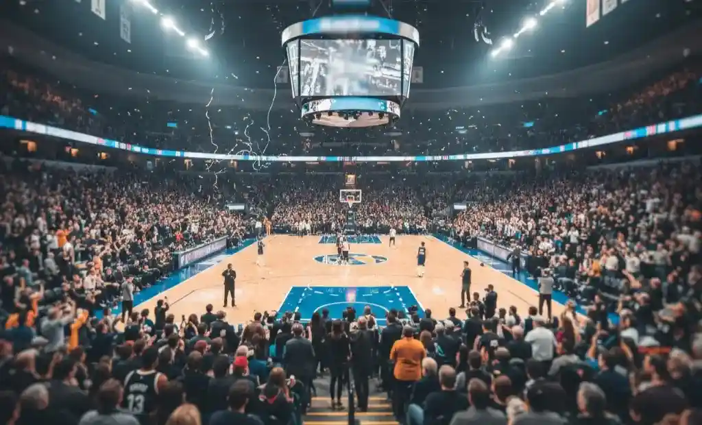 Aficionados en arena NBA viendo partido de baloncesto en directo