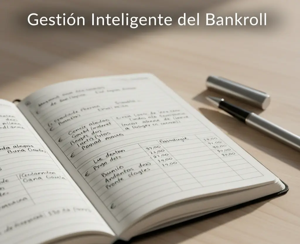 Cuaderno con anotaciones de gestión financiera y bolígrafo sobre mesa de madera