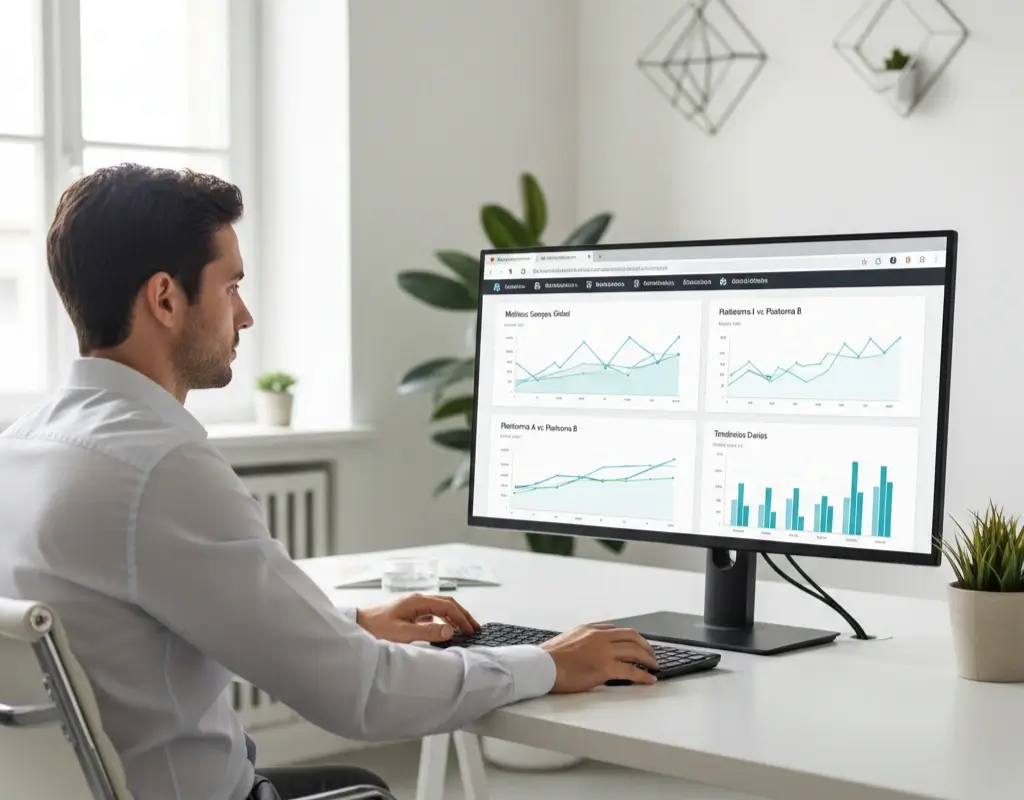 Profesional comparando diferentes plataformas de apuestas en monitor