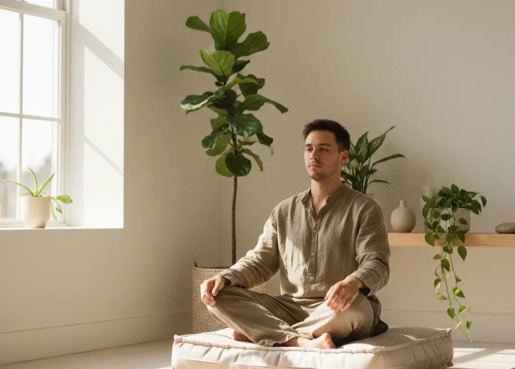 Persona meditando en espacio tranquilo con luz natural representando control emocional