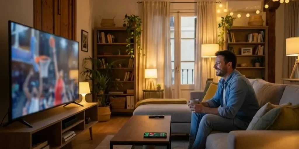 Aficionado español viendo partido NBA en televisión desde sala de estar