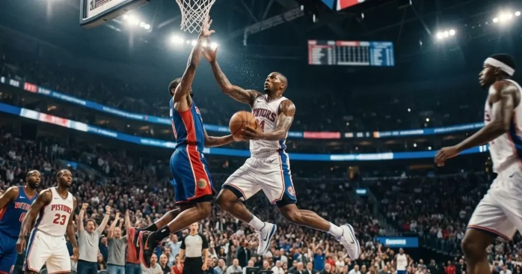 Partido de baloncesto NBA en vivo con marcador electrónico y aficionados emocionados