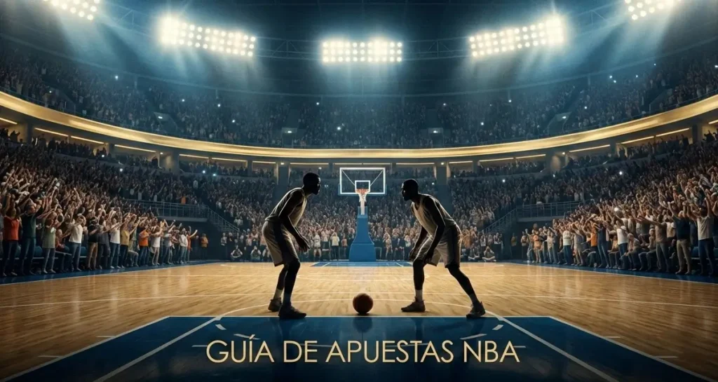 Arena de baloncesto NBA con aficionados durante un partido nocturno