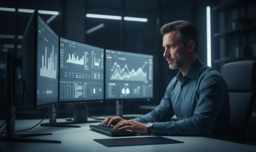Analista deportivo estudiando estadísticas de baloncesto NBA en pantallas múltiples