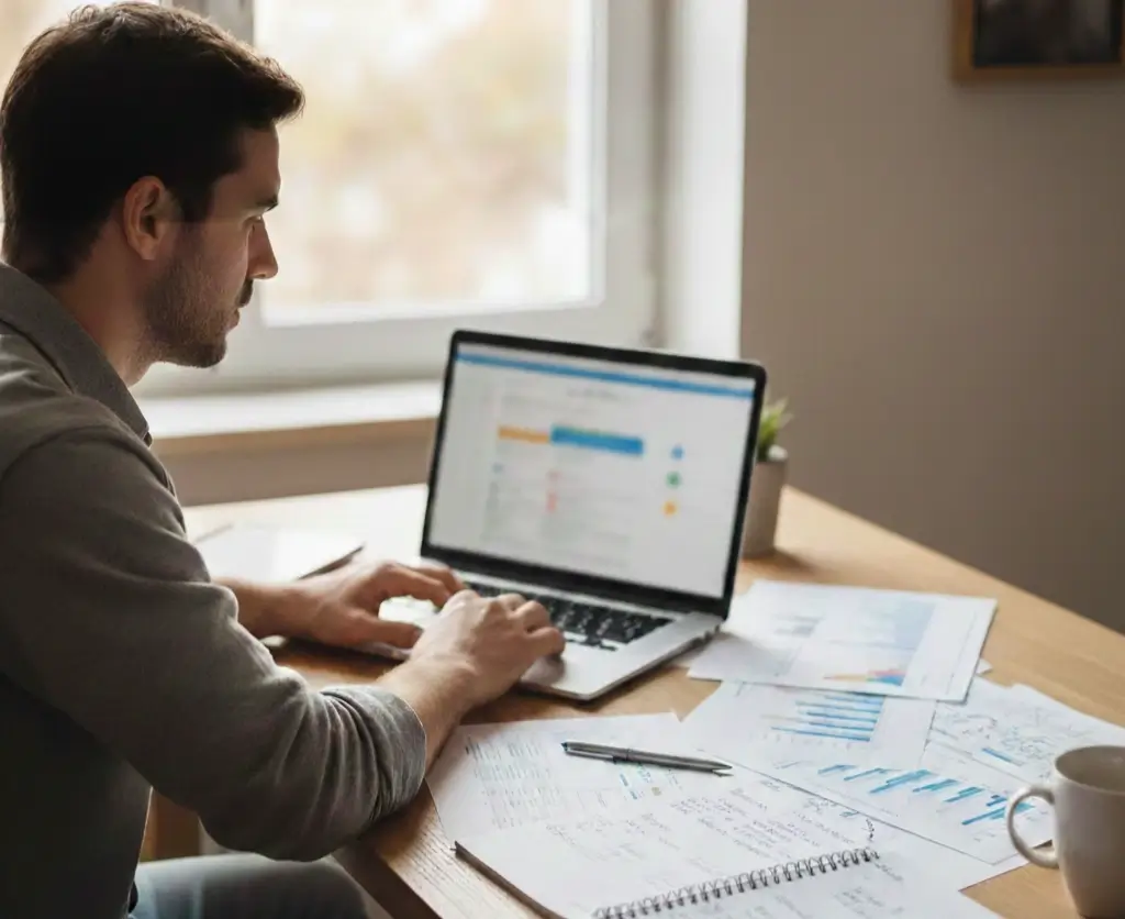 Persona investigando información de partidos NBA en escritorio organizado