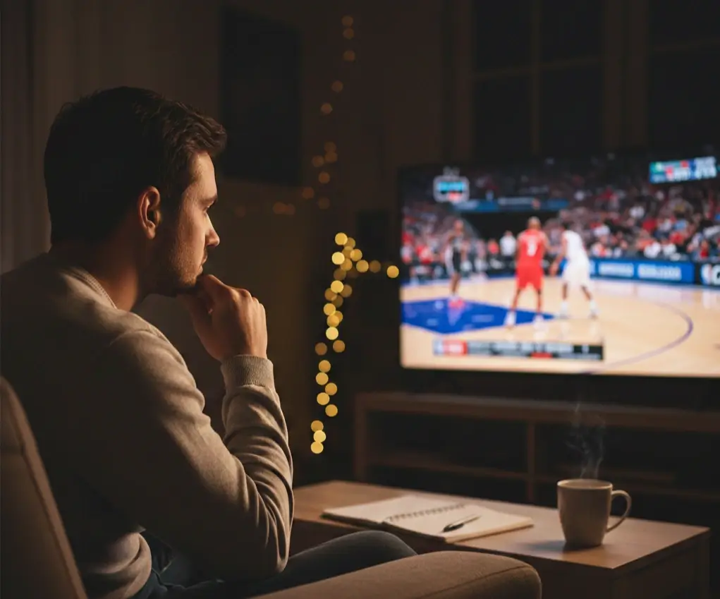 Aficionado concentrado viendo partido NBA en televisión analizando el juego
