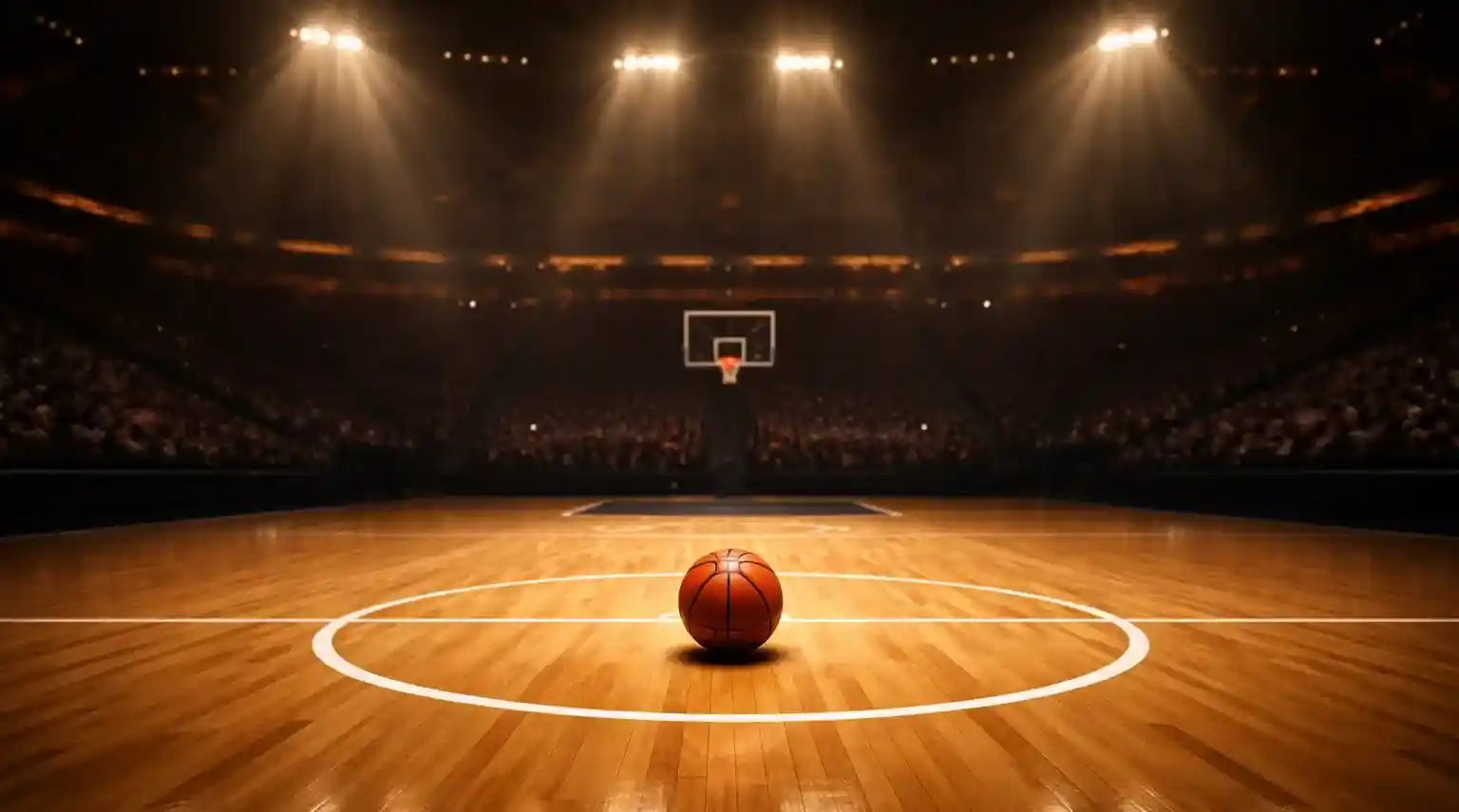 Cancha de baloncesto NBA iluminada bajo focos con el parqué brillante