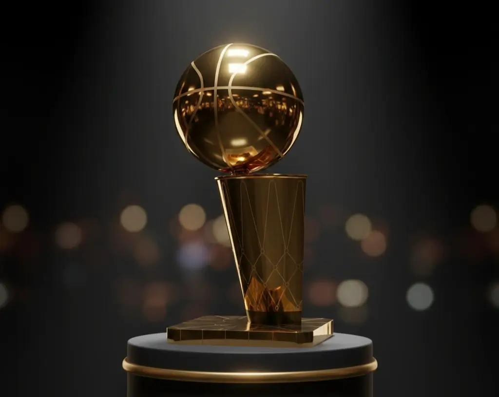 Escenario de premiación de Finales NBA con trofeo Larry O Brien iluminado