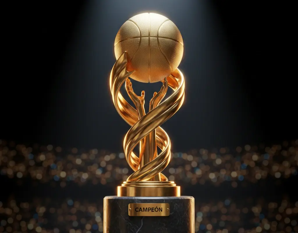 Trofeo de campeón NBA iluminado en escenario de premiación
