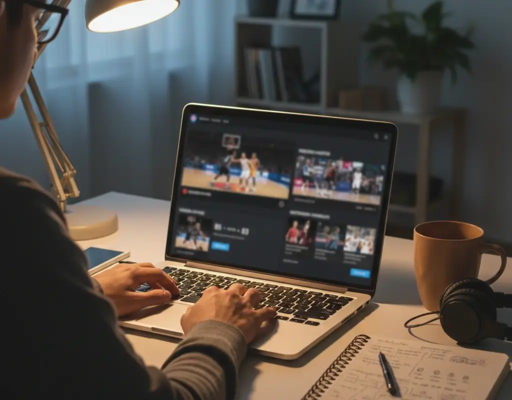 Persona analizando múltiples partidos NBA en laptop para apuestas combinadas