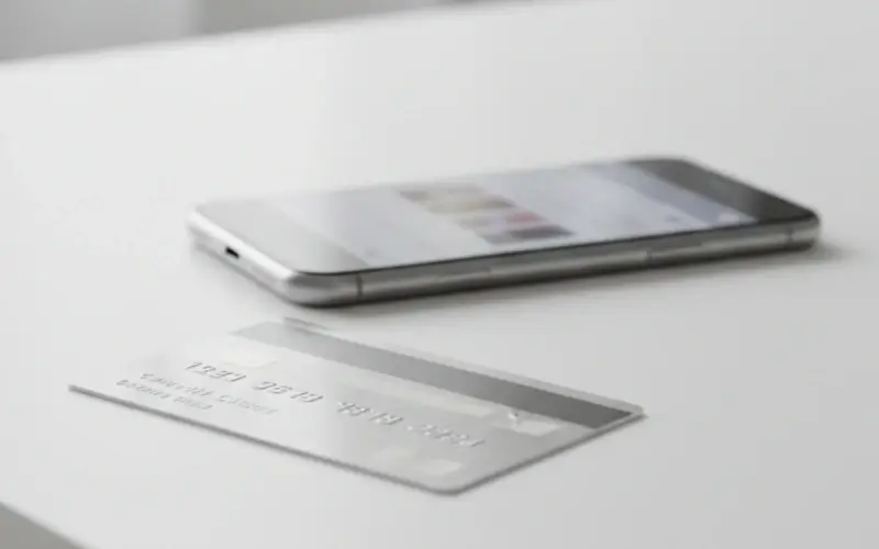 Tarjeta bancaria y smartphone con aplicación de pagos seguros