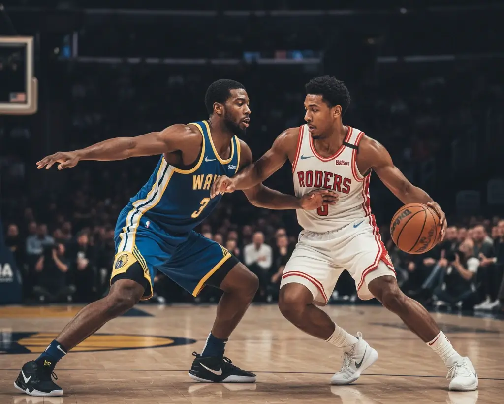 Jugadores de baloncesto NBA en acción intensa durante partido de eliminatorias