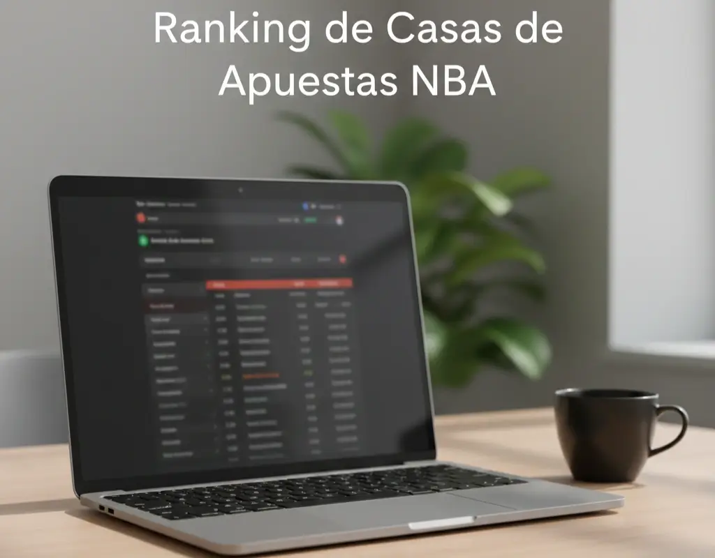 Laptop mostrando interfaz de casa de apuestas con mercados NBA