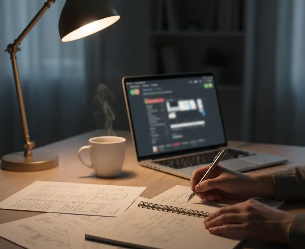 Persona planificando estrategia de apuestas con notas sobre series NBA